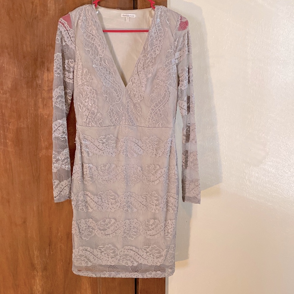 Long sleeve gray lace front dress.